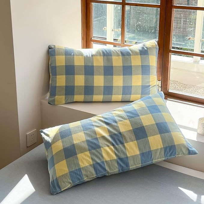FACE TWO FACE Bedding Duvet Cover Set100% Washed Cotton Duvet Cover Linen Like Textured Breathable Durable Soft Comfy (California King, Blue Yellow Grid)