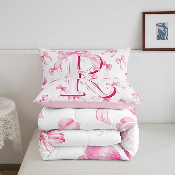 jejeloiu Kids Girls Cute Pink Bow Comforter Set Twin Size Monogrammed Bedding Set Ultra Soft Personalized Initial R Duvet Quilt Coquette Bow Knot Quilt Set Room Decor Modern Fashion Comforter