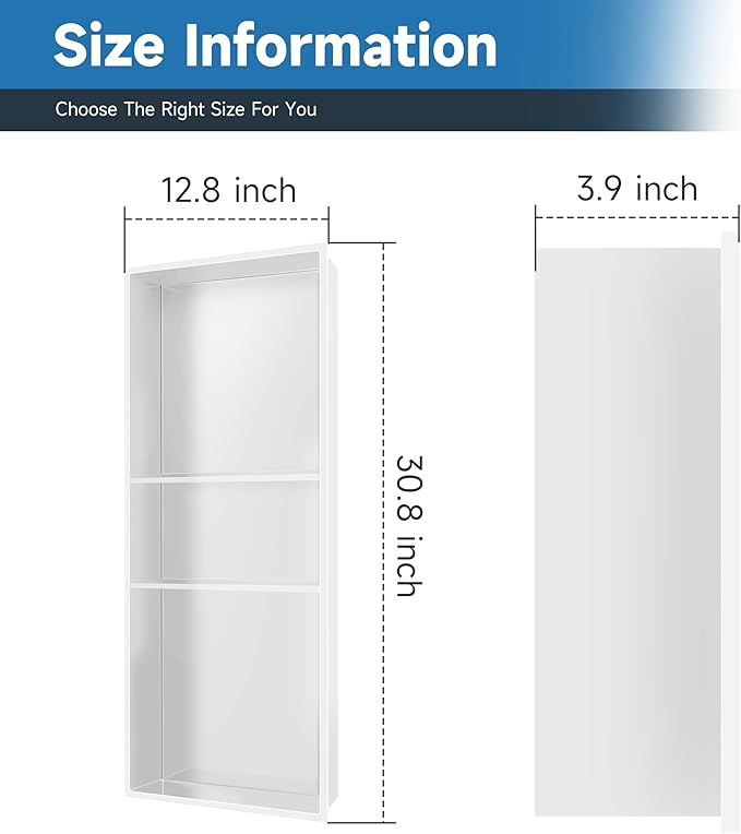 12" X 30" Shower Niche Insert Tile Ready, Niche for Shower Wall, 3-Tier Stainless Steel Recessed Shelves No Tile Needed for Bathroom Storage, White