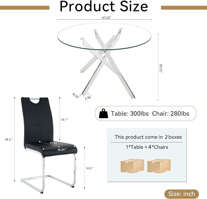 Goujxcy Round Dining Table Set for 4, Modern Glass Kitchen Table and Chairs Set of 4, 5 Piece Dining Room Table Set with 47" Circle Silver Metal Glass Dinner Tables and 4 Black Leather Dining Chairs