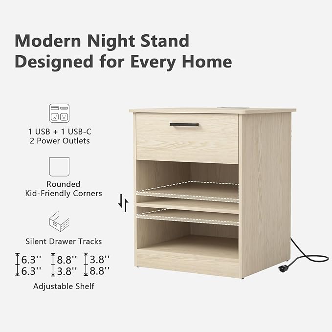 Night Stand with Charger Station, Modern Nightstand with USB Type-C Ports and AC Outlets, Large Bedside Table with Drawer and Open Storage, Wooden End Table for Bedroom (Natural, 1 Drawer)