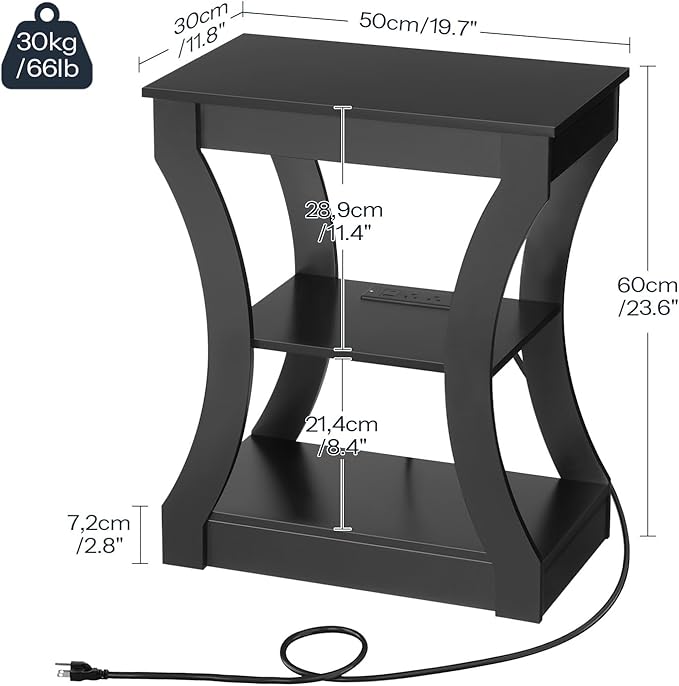 End Table with Charging Station, Side Table with USB Ports and Outlets, 3 Tier Nightstand with Storage Shelf for Small Spaces, Living Room, Bedroom, Black ETBK53E01