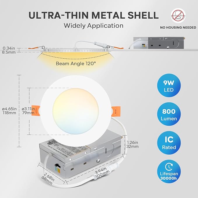 LVWIT 24 Pack LED Recessed Lighting 4 Inch with Junction Box, 5CCT Dimmable LED Downlight, 9W Ultra-Thin Modern Ceiling Light, 2700/3000/3500/4000/5000K Selectable Can Lights, Smooth Trim