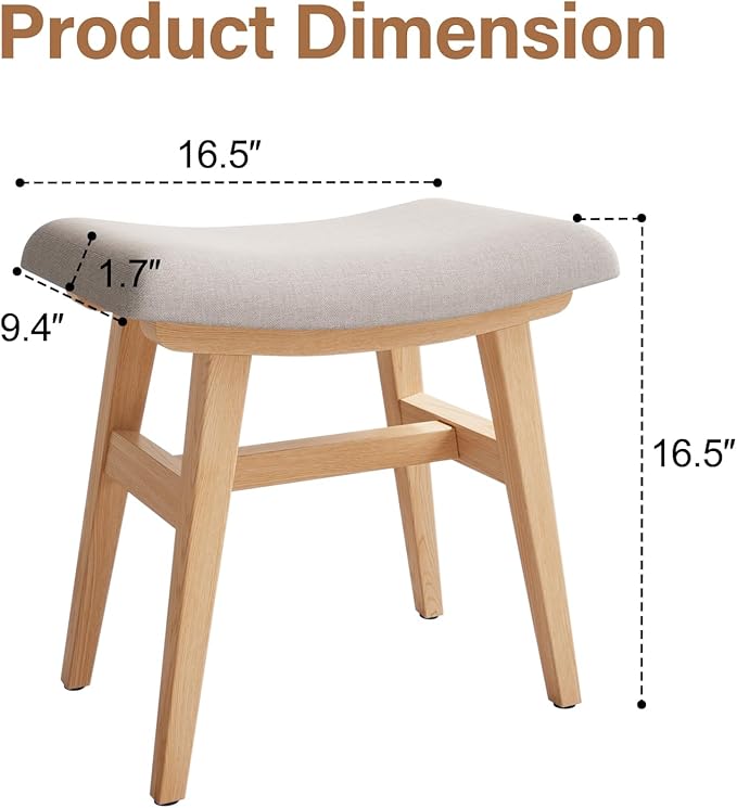 Solid Wood Small Vanity Stool, Compact Makeup Chair with Saddle Cushion, Linen-Covered High Rebound Sponge Seat, Easy Assembly Footstool, Modern Ottoman for Bedroom, Entryway, Home, Natural