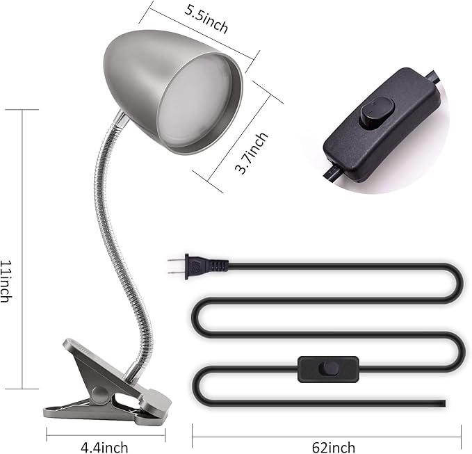 ENERGETIC SMARTER LIGHTING Desk lamp with Clamp, Non-Dimmable Clip Light for Bed and Desk, 4000K Cool White, 3.5W 240 LM Flexible Gooseneck lamp, Eye Protection, ETL Listed