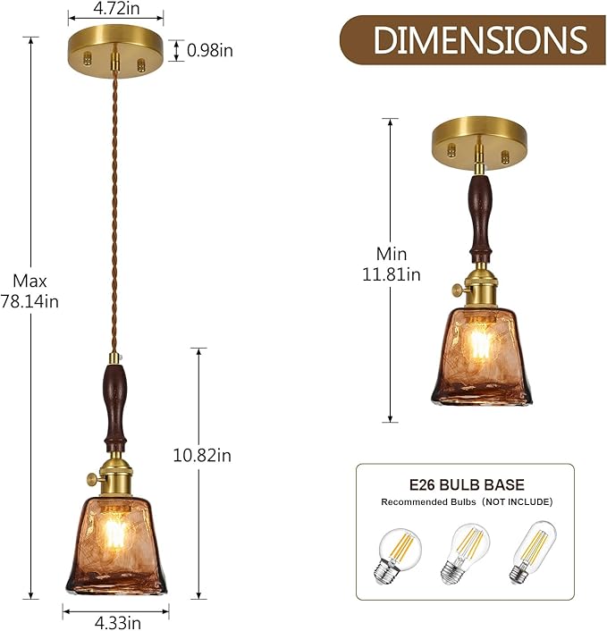 Brown Glass Vintage Pendant Light 4.33" Handmade Glass Pendant Lights Kitchen Island Gold Hanging Light Fixture for Bedroom Dining Room Hotel (3 Pack)