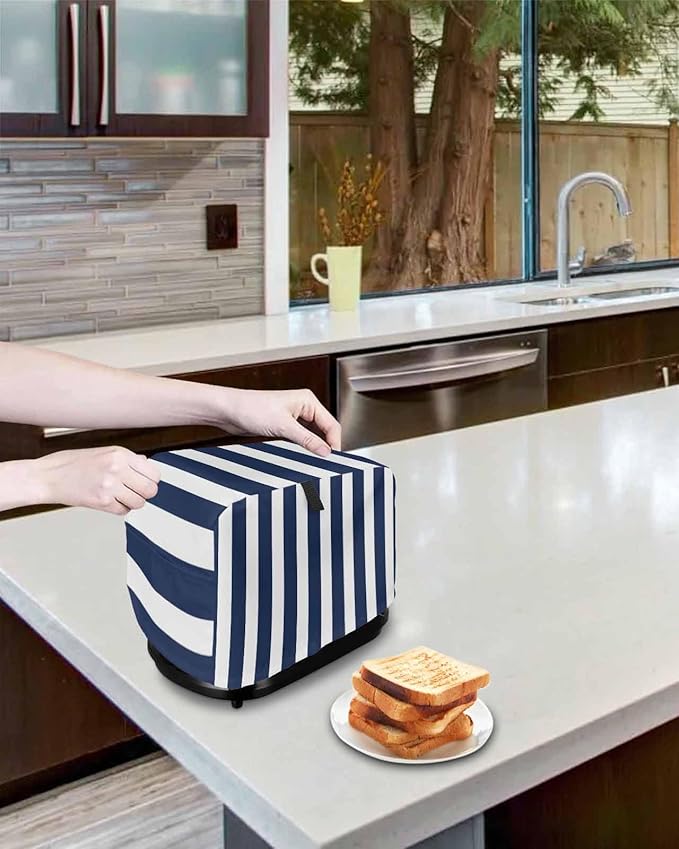 Toaster Cover 4 Slice Navy Blue Stripes Toaster Oven Cover with Pockets Blue Vertical Striped Dustproof Bakeware Protector Small Kitchen Appliance Dust Covers and Fingerprint Protection for Women
