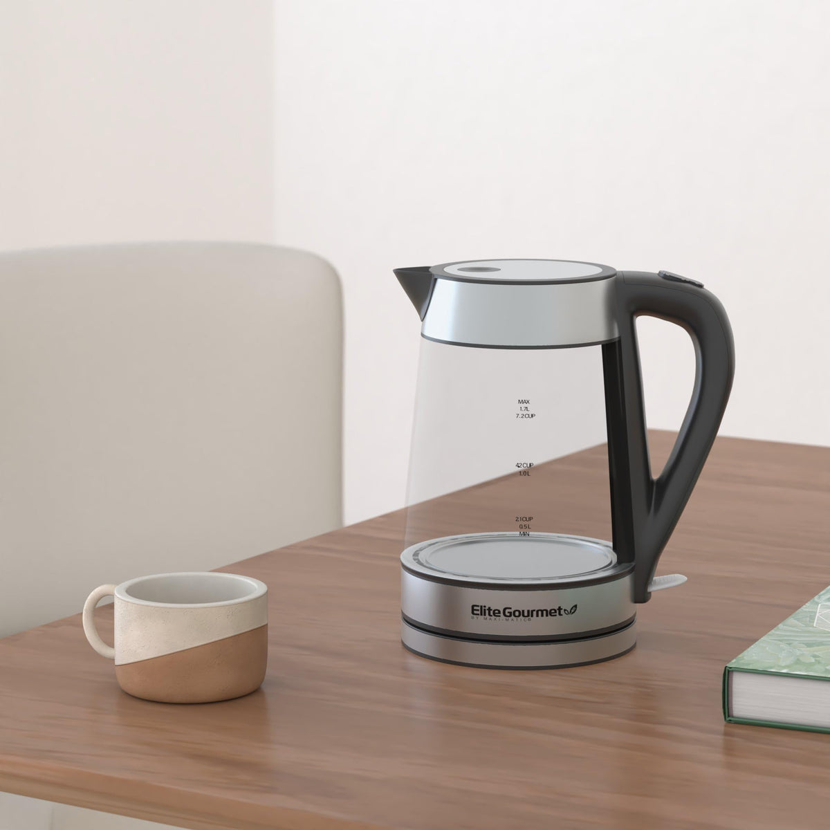 Elite Gourmet 1.7L BPA-Free Glass Electric Kettle, 1500W, Blue LED