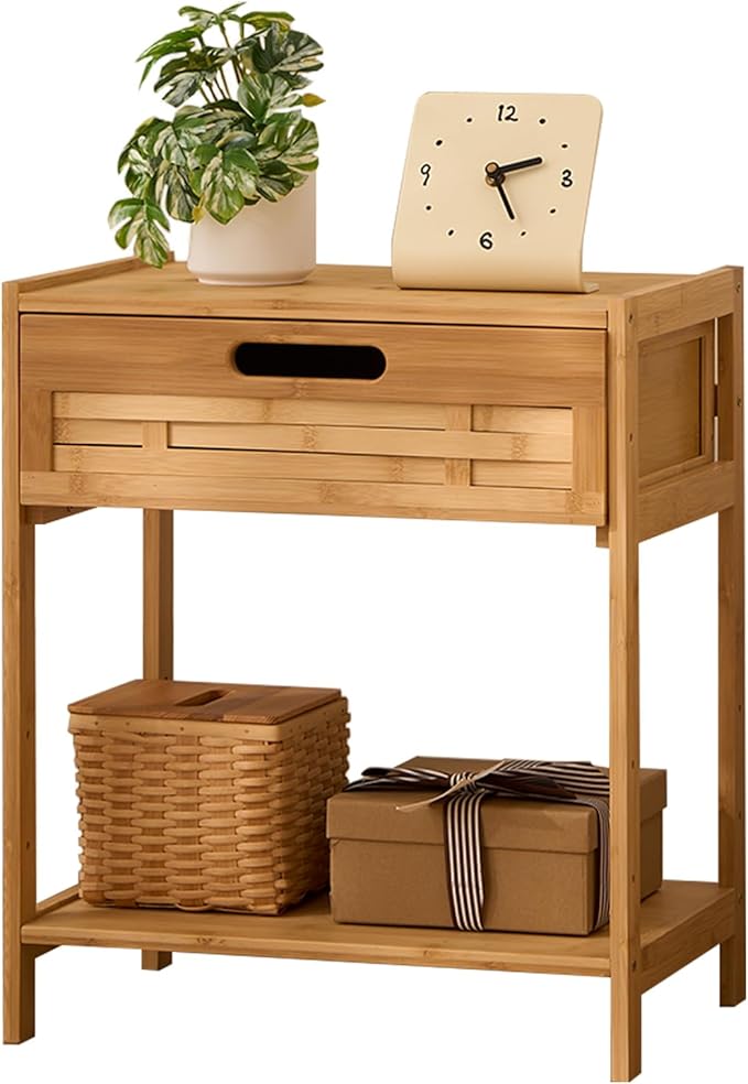 Bamboo Night Stand Bedside Table- Bed Side Table with Drawers, Small Nightstand for Bedroom, Dorm, Sofa, Easy Assembly, Rustic Bedside Tables Multi Small Space Furniture