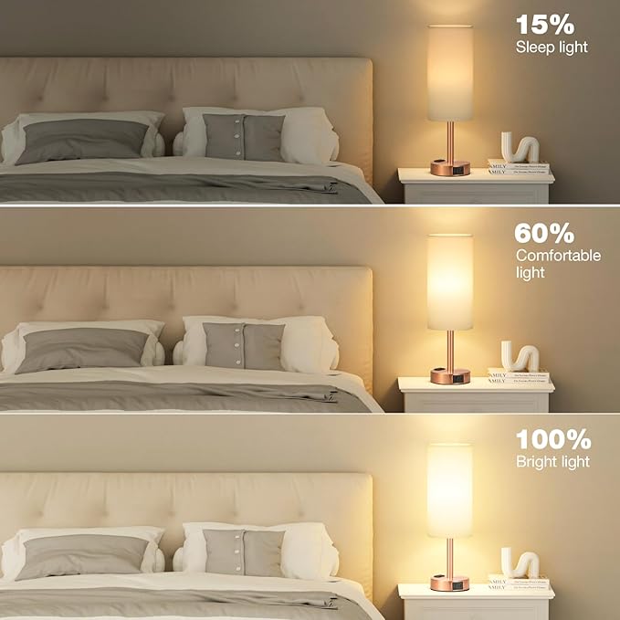 Bronze Nightstand Bedroom Lamp - 3 Way Dimmable Bedside Lamp USB C A Charging Ports and AC Outlet, Small Table Lamp White Linen Lampshade for Desk, LED Bulb Included