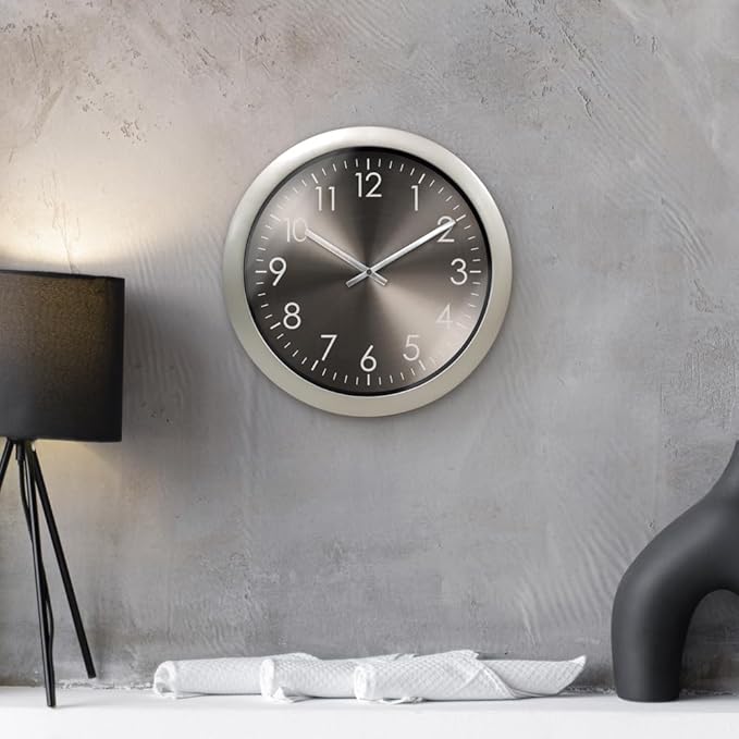 Presentime & Co Modern Silent Wall Clock, Morning Silver Color, Silent No Ticking, Aluminium Dial, 11.5 inch. Wall Clock for Home, Living Room, Kitchen, Bedroom, Office, School, Hotel