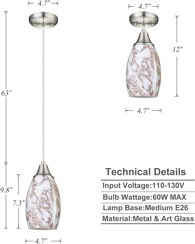 Mini Pendant Lights Kitchen Island Brown Ripple Glass Lamp Shade Hand Blown Glass Pendant Light with Brush Nickel Finish Adjustable Cord for Kitchen Over Sink Hallway,Dining Room,Stairs Way