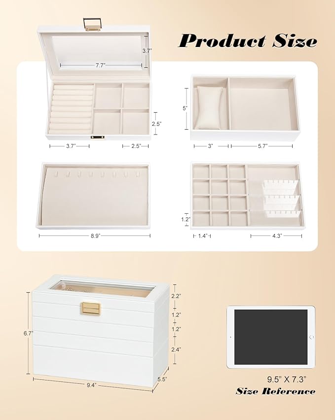 Homde Jewelry Tray Stackable Jewelry Box Drawer Organizer with Glass Lid, Removable Dividers for Vanity Table Gift Idea for Girls and Women (White)