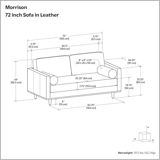 SIMPLIHOME Morrison 72-inch Wide Sofa in Lead Black Genuine Leather, Mid-Century Modern-Style Loveseat for Living Room, Single Bench Cushion, Removable Back Cushions, 2 Bolster Pillows