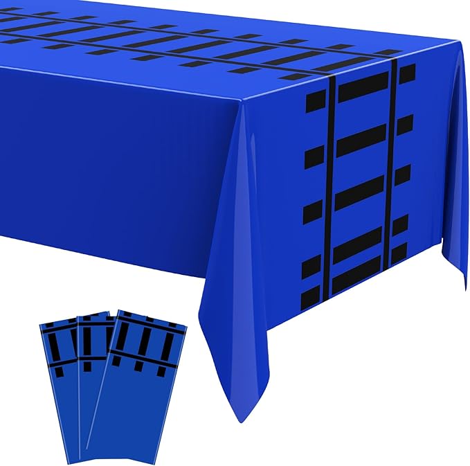 3 Pcs Train Party Decorations Railroad Track Tablecloths Train Birthday Party Supplies 54 x 108 Inch Plastic Table Covers for Railroad Track Western Theme Birthday (Blue)