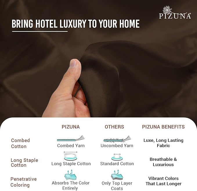 Pizuna Pure 100% Cotton Queen Duvet Cover Set, Luxurious 400 Thread Count Long Staple Cotton Sateen Weave with Button Closure (Combed Dark Brown Cotton Duvet Cover Queen)