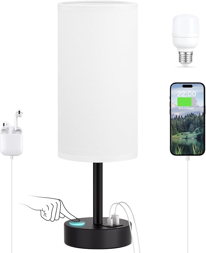 White Touch Table Lamp with USB - 3 Way Dimmable Bedside Lamp for Nightstand, Bedroom Lamp with Black Charging Station for Desk, Office, Kids Room, Dorm, Small
