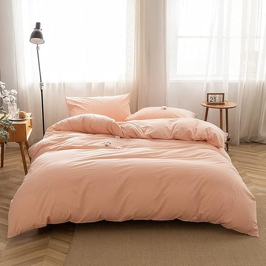FACE TWO FACE Bedding Duvet Cover Set100% Washed Cotton Duvet Cover Linen Like Textured Breathable Durable Soft Comfy(Full, Pink)