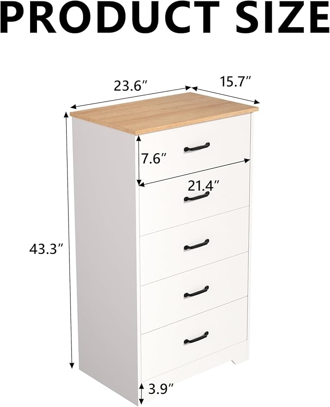 Farmhouse 5 Drawer Dresser, Small Wooden Chest of Drawers Classic White Dresser for Bedroom Living Room Entryway (White, 5 Drawer)