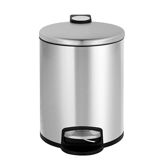 ACENTO 1.3 Gal Round Trash Can with Lid – Stainless Steel Small Trashcan with Soft Close Pedal & Removable Liner – Compact Waste Bin for Bathroom, Bedroom, Dorm, Office – Brushed Stainless Steel