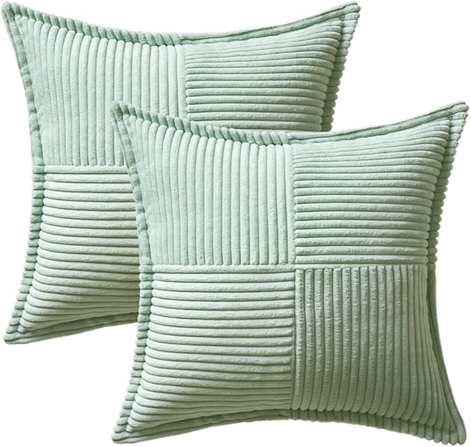 MIULEE Mint Green Corduroy Pillow Covers 16x16 Inch with Splicing Set of 2 Soft Boho Striped Pillow Covers Broadside Decorative Textured Summer Pillowcases for Couch Cushion Bed Livingroom