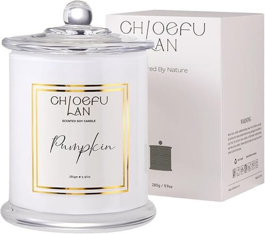 Chloefu LAN Pumpkin Candle, Fall Candles for Home Scented, Halloween Gifts for Women & Men, Natural Soy Scented Candles, Holiday Autumn Gift, Luxury Glass Jar, 75 Hours Long Burning, 10 oz