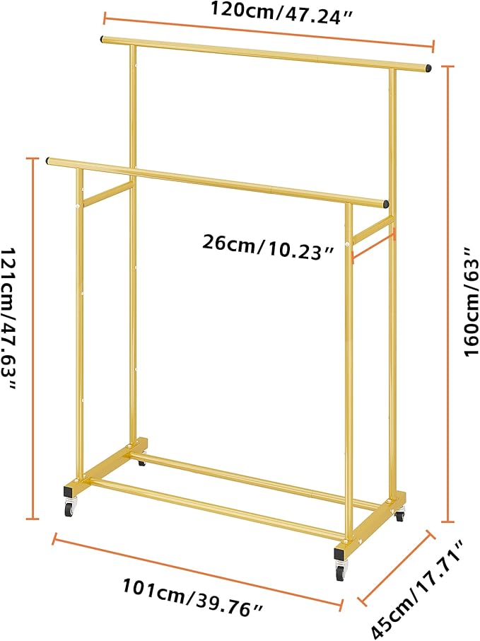 Calmootey Double Rod Clothing Garment Rack,Rolling Hanging Clothes Rack,Portable Clothes Organizer for Bedroom,Living Room,Clothing Store,Gold
