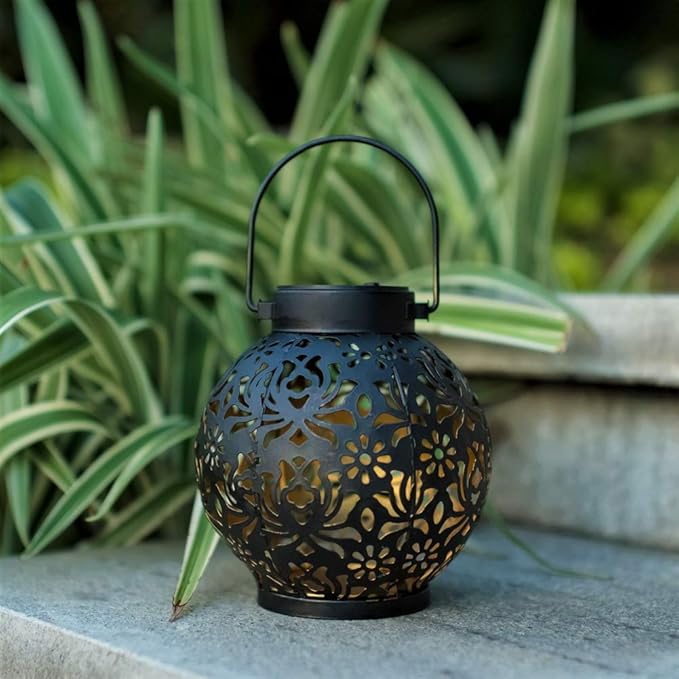 2 Pack Outdoor Solar Hanging Lantern Lights Metal LED Decorative Lamp for Garden Patio Courtyard Lawn and Table with Hollowed-Out Design (Black)