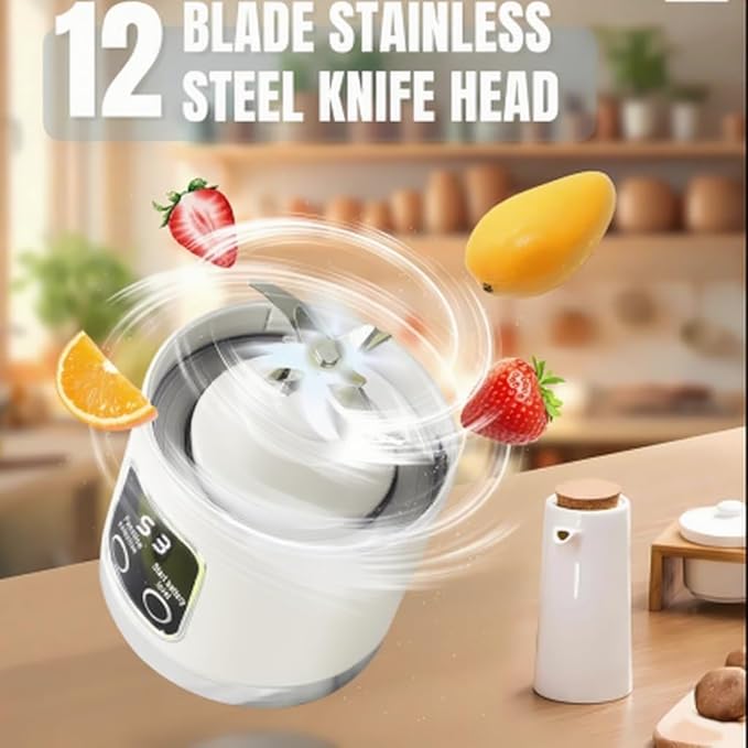 Cordless Blender - Dual 1500mah Battery & 12 Blades | 3-Speed 450ml Portable Blender| For Smoothies, Juicing, Ice Crushing, Travel, Gym