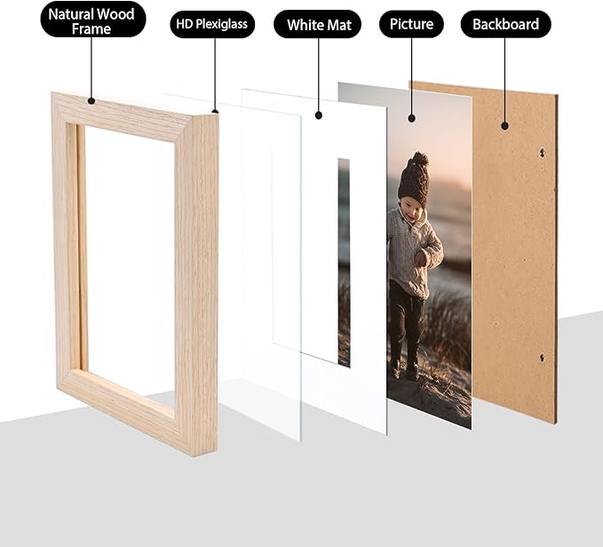 KINLINK 4x6 Picture Frames Natural Wood Frames with Acrylic Plexiglass for Pictures 3.5x5 with Mat or 4x6 without Mat, Tabletop and Wall Mounting Display, Set of 4
