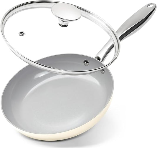 MICHELANGELO Frying Pans Nonstick with Lid - 8 Inch Small Frying Pan, Non Toxic Ceramic Pan with Lid, Non Stick Small Skillet for All Stovetops, Beige