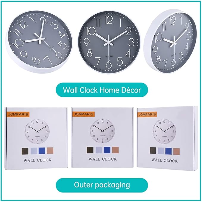 jomparis Wall Clock 12 Inch Non-Ticking Silent Battery Operated Round Wall Clock Modern Elegant Simple Style Decor Clock for Home/Office/School/Kitchen/Bedroom/Living Room