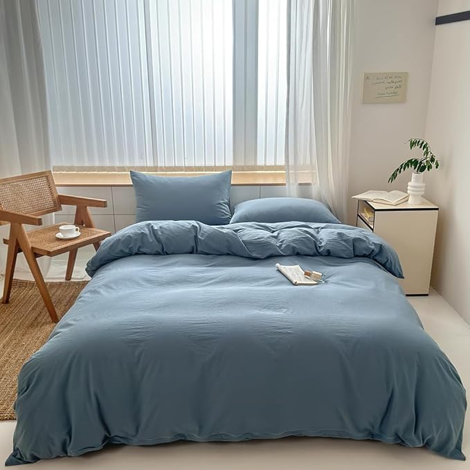 FACE TWO FACE Bedding Duvet Cover Set100% Washed Cotton Duvet Cover Linen Like Textured Breathable Durable Soft Comfy (California King, Deep Gray Blue)
