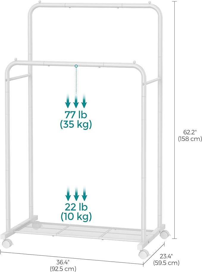 SONGMICS Double Rods Clothes Rack with Wheels, Clothing Rack for Hanging Clothes, Heavy Duty Garment Rack with Mesh Storage Shelf, 2 Brakes, Each Top Rail Holds up to 77 lb, White UHSR026W01