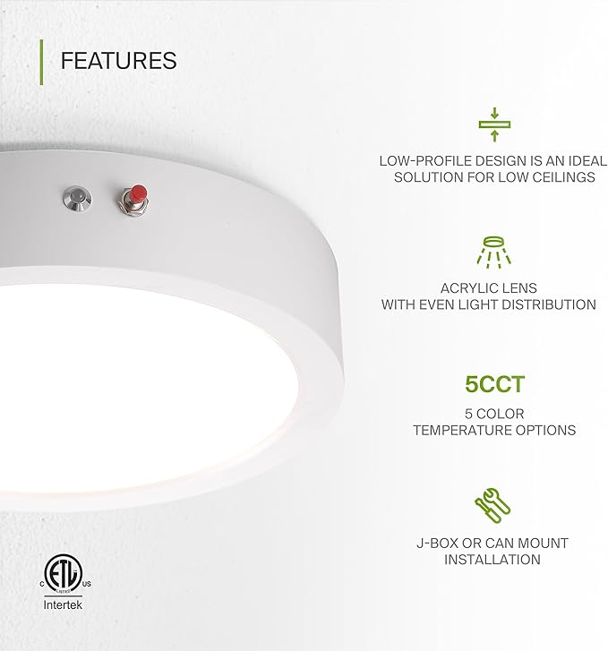 ASD LED 9" Round Flush Mount Ceiling Light Fixture, Low Profile Surface Lighting | 5CCT, Dimmable, Battery Backup, ETL Listed | 18W 1600LM 2700-6000K 120V | Kitchen, Bedroom, Hallway Lamp | White