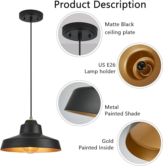 12 Inch Black Pendant Light Fixture,Farmhouse Hanging Lamp Adjustable Height Dome Pendant Lights for Kitchen Island Dining Room,1 Pack