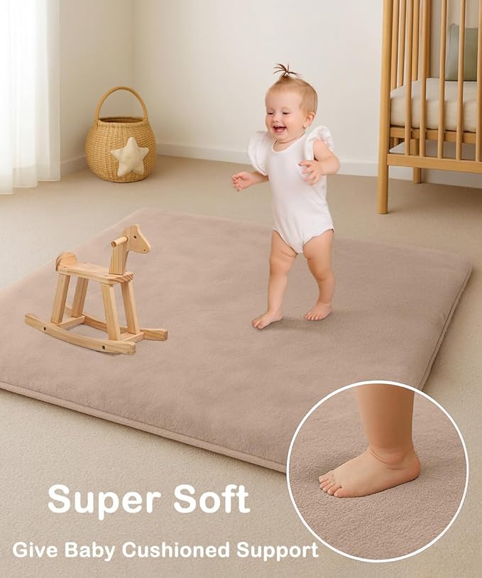Thick Padded Baby Floor Play Mat 1.2" Cushioned Velvet Surface Non Slip Bottom High Density Foam Safe and Soft Floor Mat for Infants Toddlers and Playpen Use (Lightbrown, 50X 50)