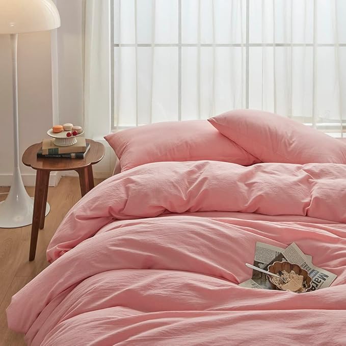 FACE TWO FACE Bedding Duvet Cover Set 3 Pieces 100% Washed Cotton Duvet Cover Linen Like Textured Breathable Durable Soft Comfy (King, Light Pink)