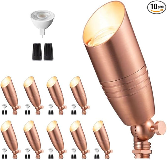 Low Voltage Spotlight LED - 12V Copper Outdoor Light Fixture Weather Proof, Brass Landscape Lights Hardwired for Flag Sign with Neutral White MR16 Removable Bulbs (10 Pack)