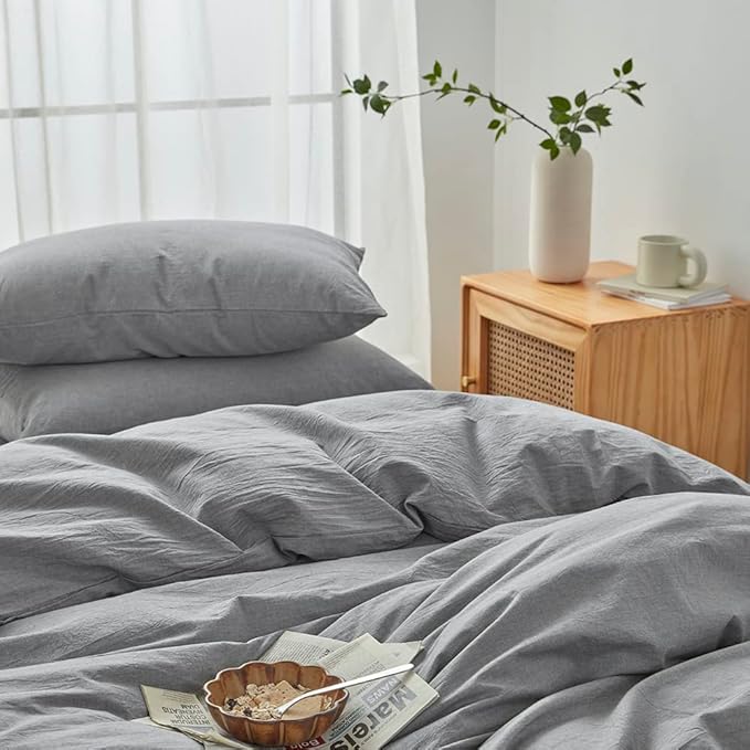 FACE TWO FACE Bedding Duvet Cover Set100% Washed Cotton Duvet Cover Linen Like Textured Breathable Durable Soft Comfy (California King, Light Grey)