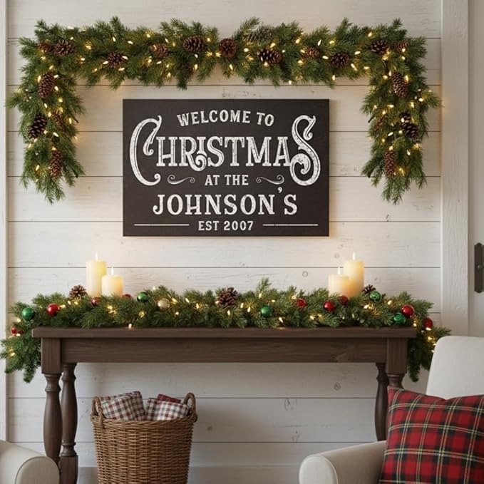 Milweb1 Personalized Family Name Welcome To Christmas/Rustic Vintage Farmhouse Holiday Decor Canvas Sign Holiday Decorations Wall Decor Print (24"x36")