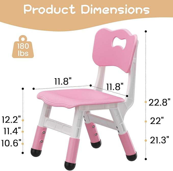 GAOMON Kids Chair Set of 2, 3 Level Height Adjustable Kid Chair, Plastic Toddler Chairs for Children Boys Girls Age 2-6, Suitable for Home Family Classroom Nursery Indoor Use, Pink