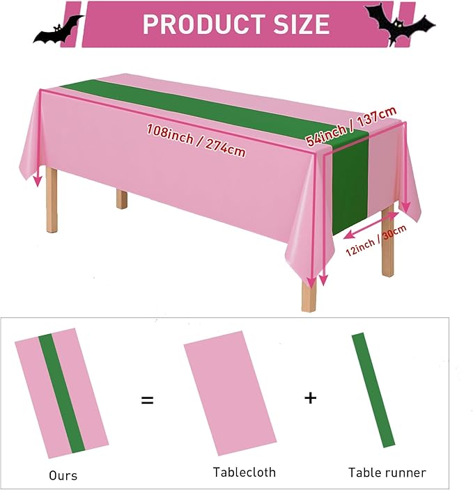 4Pcs 2in1 Witch Birthday Party Decorations Tablecloth, 54" x 108" Pink and Green Kitchen Table Cloth Disposable Rectangle Plastic Table Cover for Kids Baby Shower Wedding Party Supplies