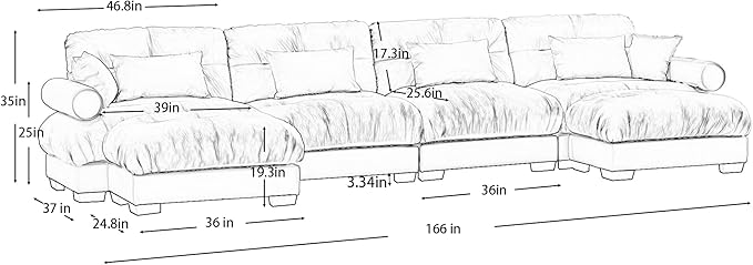 Ball & Cast 166" U Shaped Couch Sectional Couch,4 Seater Modular Couchs with Round Bolster Armrest,6 Pillows,Waist Pillows,Modern Corner Sofa w/ 2 Removable Ottomans,for Living Room,Cream