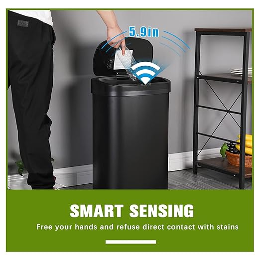 Stainless Steel Kitchen Trash Can Bathroom Bedroom Office Waste Bin with Lid Automatic Sensor Touch Free Garbage Can 13 Gallon / 50L,Black