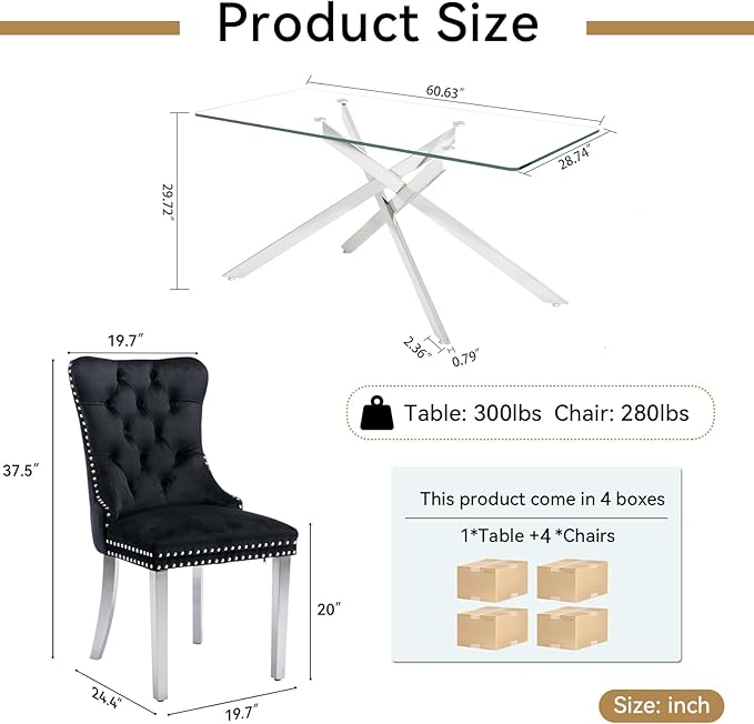 Goujxcy Glass Dining Table Set for 4, Modern Kitchen Table and Chairs Set of 4, 5-Piece Kitchen Dining Room Table Set w/61 Glass Silver Dining Table and 4 Black Velvet Upholstered Chairs