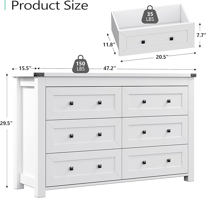 Dresser for Bedroom with 6 Drawers, Farmhouse Wood Chest of Drawers, Wide TV Stand Closet Storage Furniture with Metal Handle, Modern Clothes Organizer for Hallway, Living Room, Entryway, White