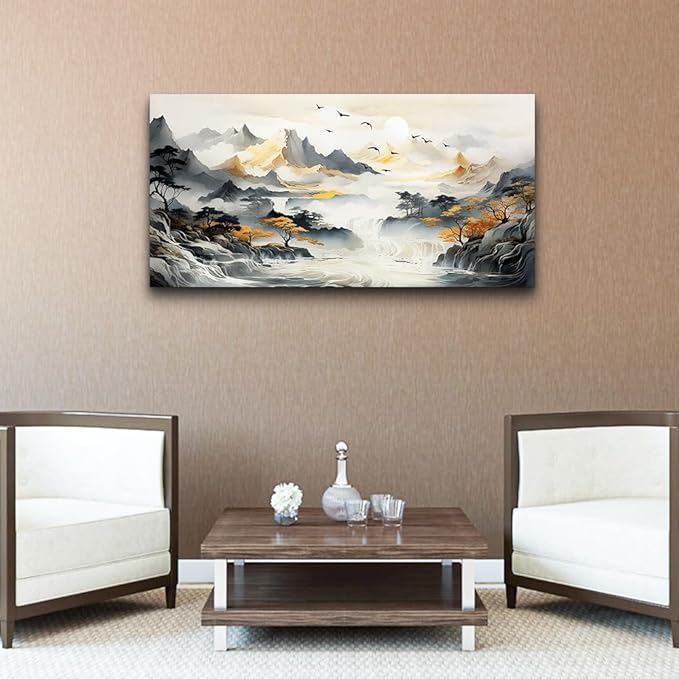 hyidecorart Framed Canvas Wall Art For Living Room Large Size Wall Decorations For Office Bedroom Wall Decor Mountain Landscape Wall Paintings Abstract Wall Pictures Modern Artwork Home Decor 24X48
