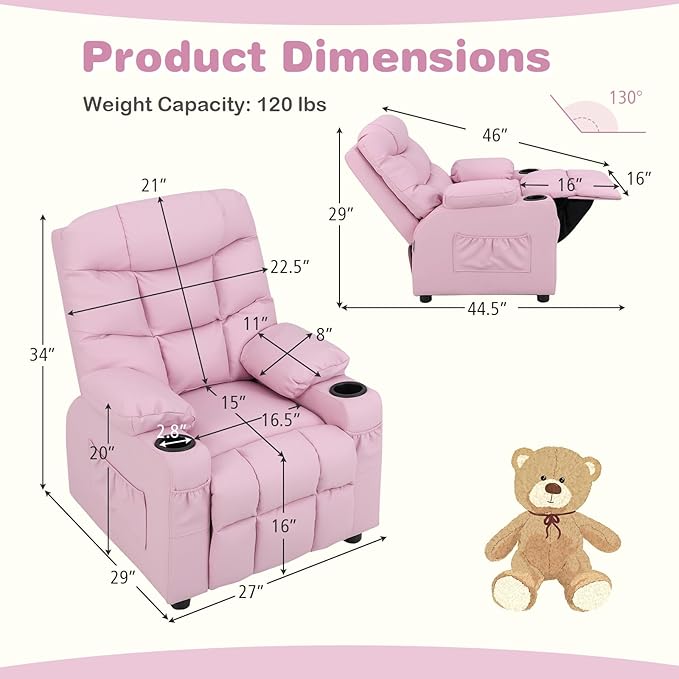 Kids Recliner, Kids Recliner Chair w/ 2 Cup Holders, PU Leather Kids Chairs Comfy w/Adjustable Backrest & 3 Pockets, Toddler Furniture Sofa for Boys Girls Aged 3+ (Pink)