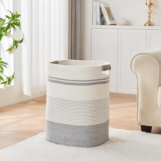 Laundry Basket with Handles - Blanket Basket & Hampers for Bedroom Aesthetic, Laundry Hamper & Blanket Storage for Living Room, Clothes Hamper, Tall, Large 17" x 14" x 22”, Grey & White